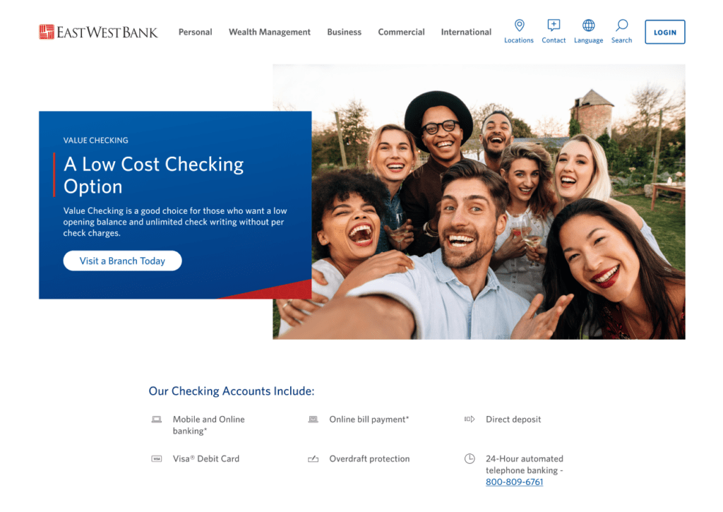 East West Bank redesigned website homepage showing modern banking interface